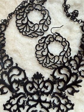 jcpenney Black Filigree Statement Necklace and Hoop Earrings Set